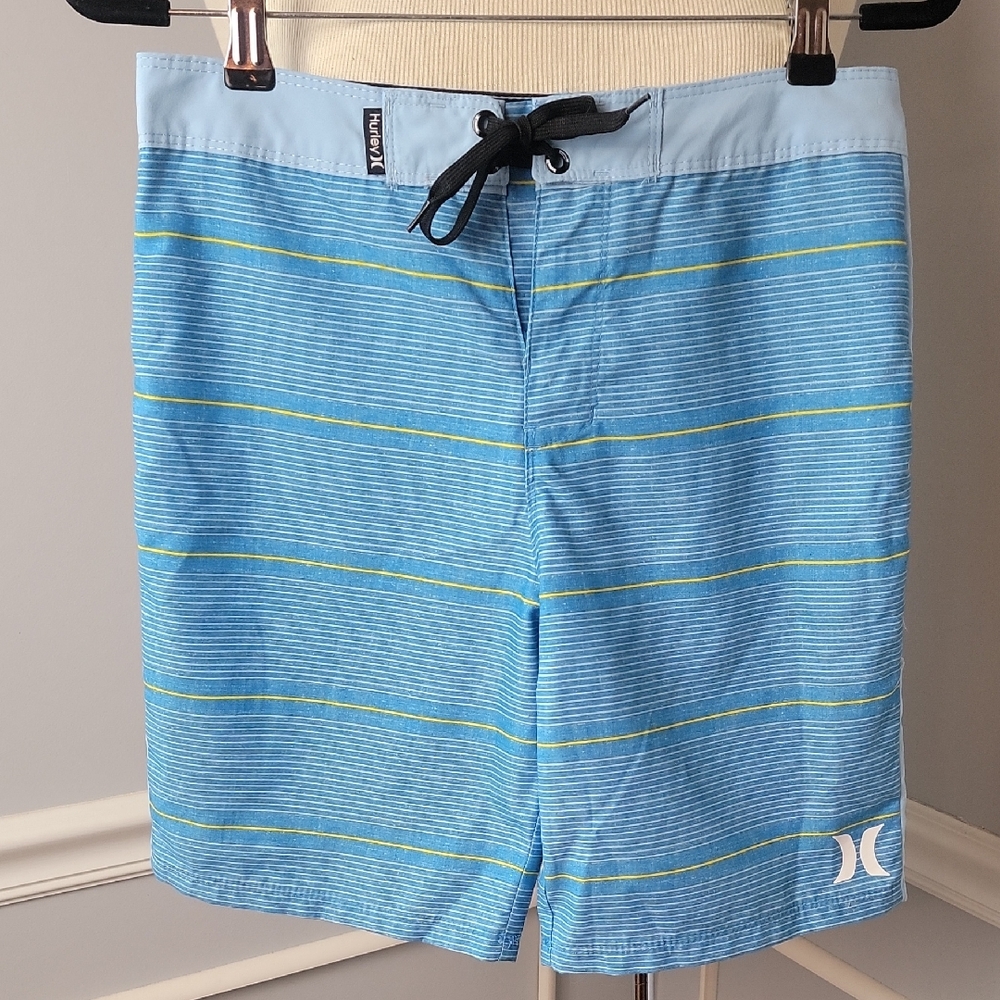 HURLEY Aqua Blue‎ Striped Front Tie Beach Pool Summer Boardshort Swimsuit 12/26